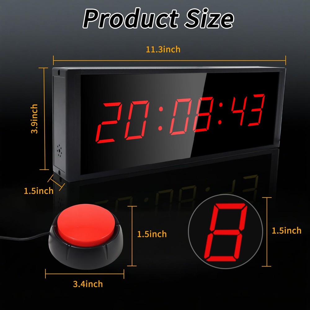 Gym Timer Clock with Start/Stop Button,12/24H Digital Wall Black