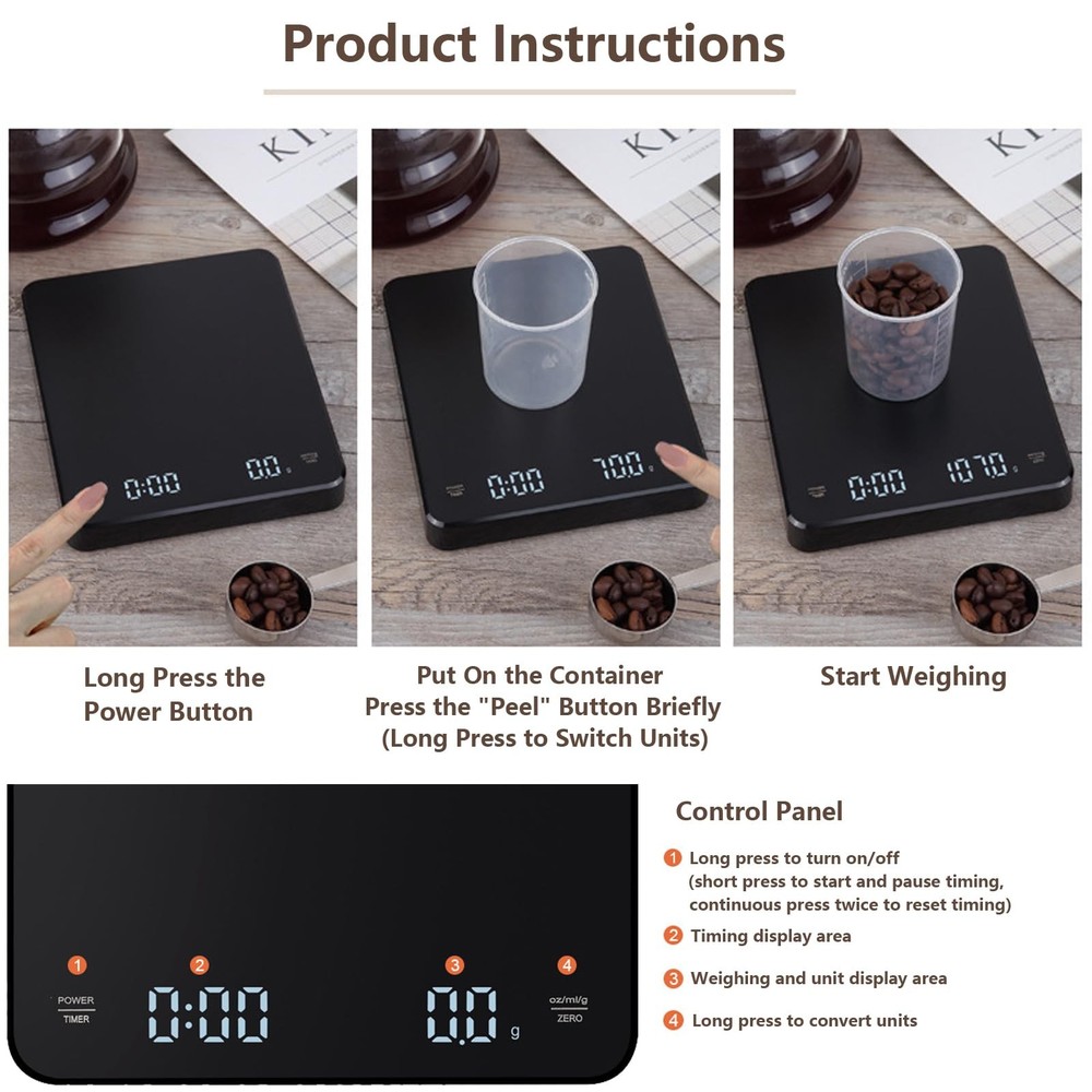 1 PCS Digital Coffee Scale Timer Precision Espresso Pour Over Tare 6.6lb Max