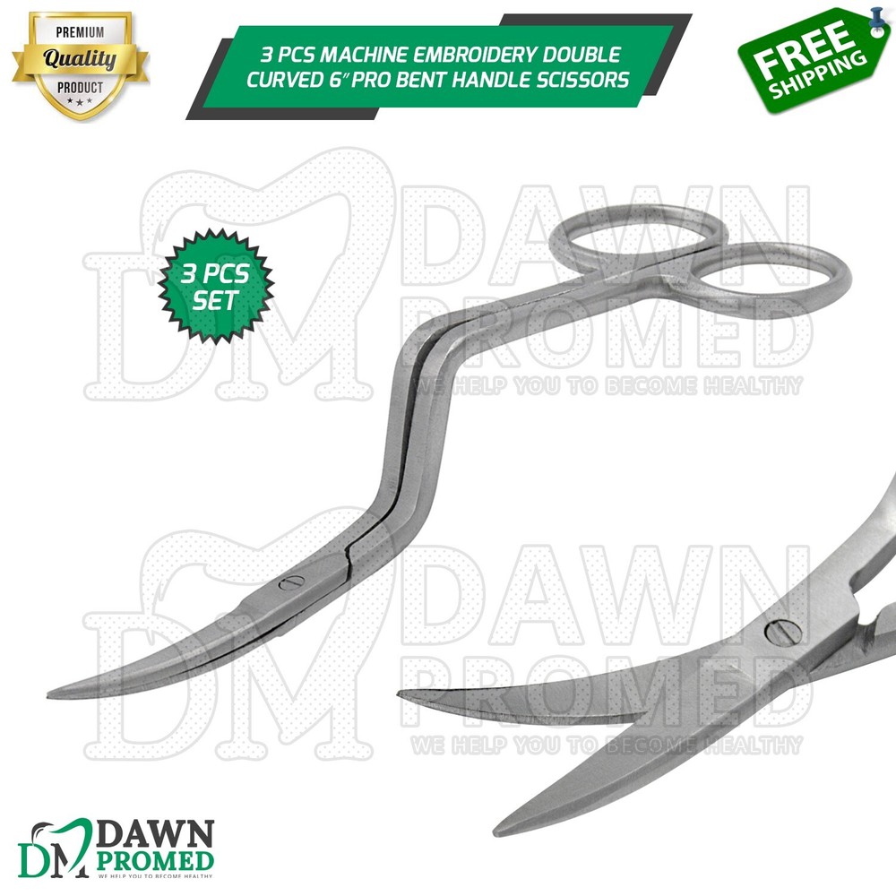 3 Pcs Machine Embroidery Double Curved Scissors 6" Pro Bent Handle German Grade