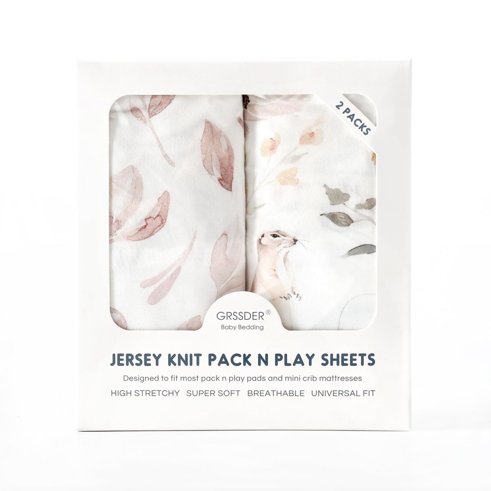 Pack n Play Sheets FItted 2 Pack, Stretchy Ultra Soft Jersey Knit Blush Pink