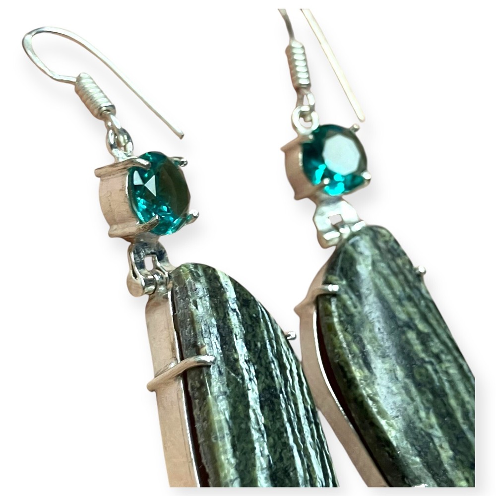 Boho Dangle Statement Rhinestone Acrylic & Silver Tone Teal Green 2.52" Earrings