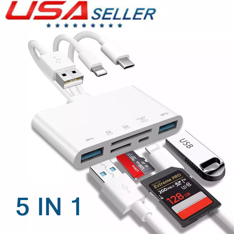 5 in 1 Memory TF/SD Card Reader TypeC USB3.0 OTG Adapter For iPhone/iPad/Samsung