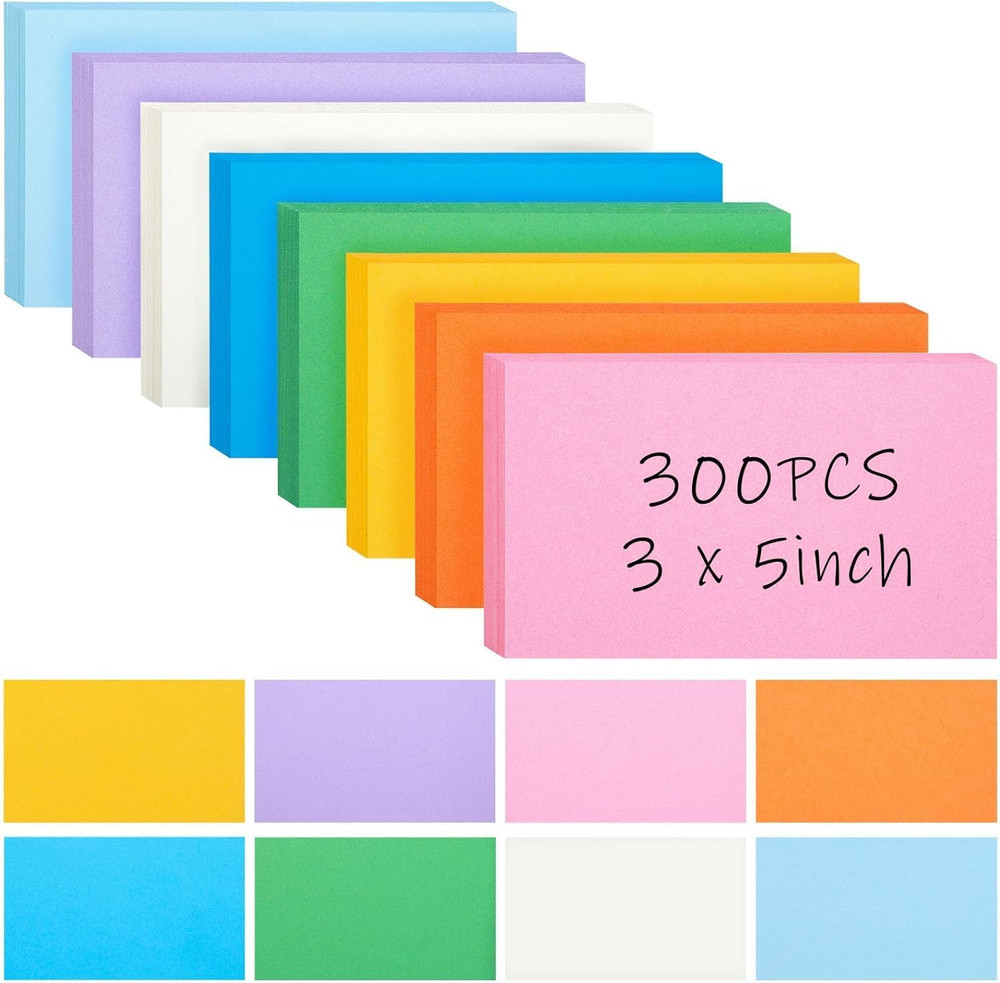 300PCS Colored Index Cards, 3X5 Inch Flash Cards Study Heavy Notecards