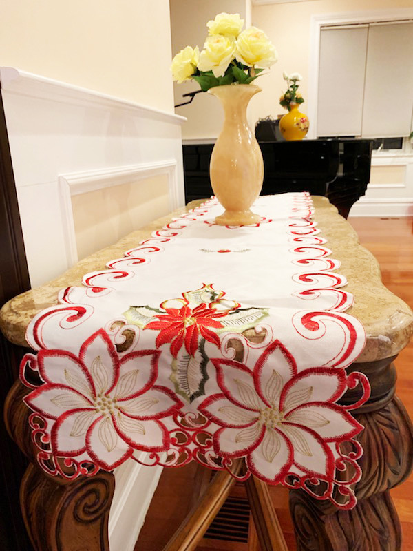 Christmas Flower Table Runner 16" X 72", White