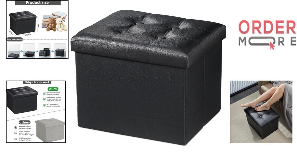 Leather Storage Ottoman Footstool Bench 17x13x13 Foldable Footrest