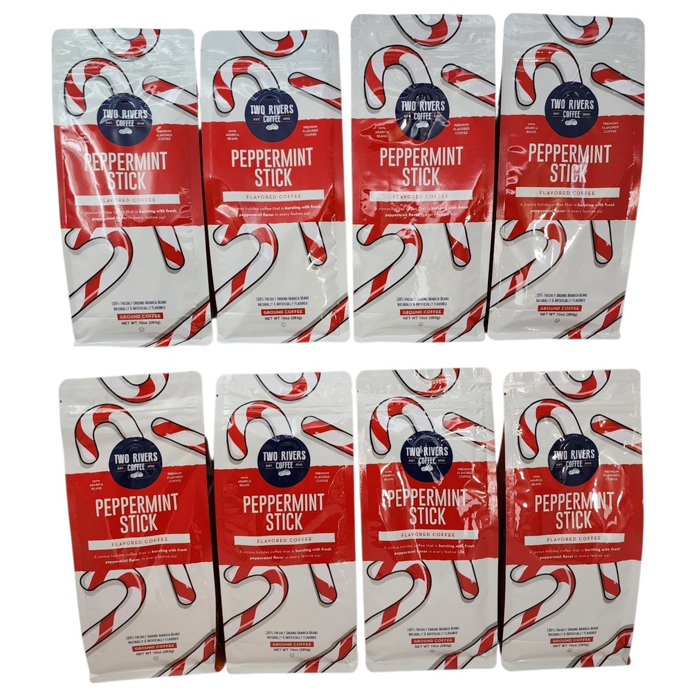 Two Rivers Coffee Peppermint Stick Flavored Ground Coffee 10 oz Bag (8 Pack)