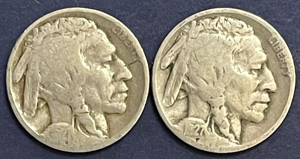 2 Buffalo Nickels. Both 1927. Philadelphia Mint. Average Circulated.