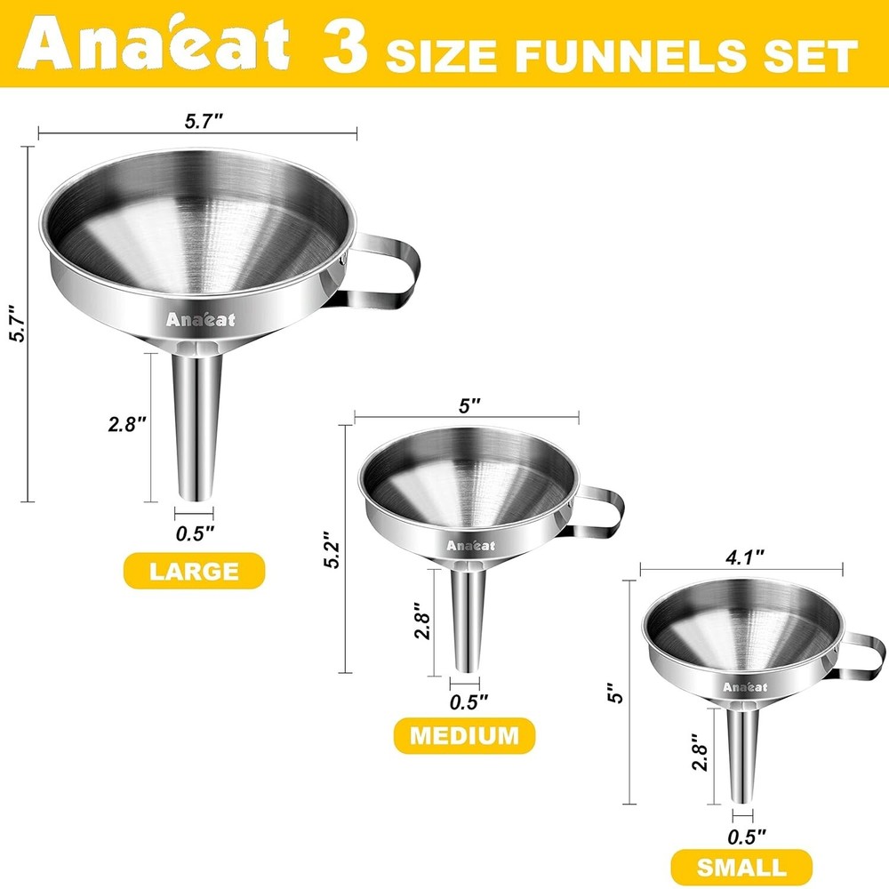 3 Pack Stainless Steel Kitchen Funnels Set Multi-Use Food Grade with Strainers