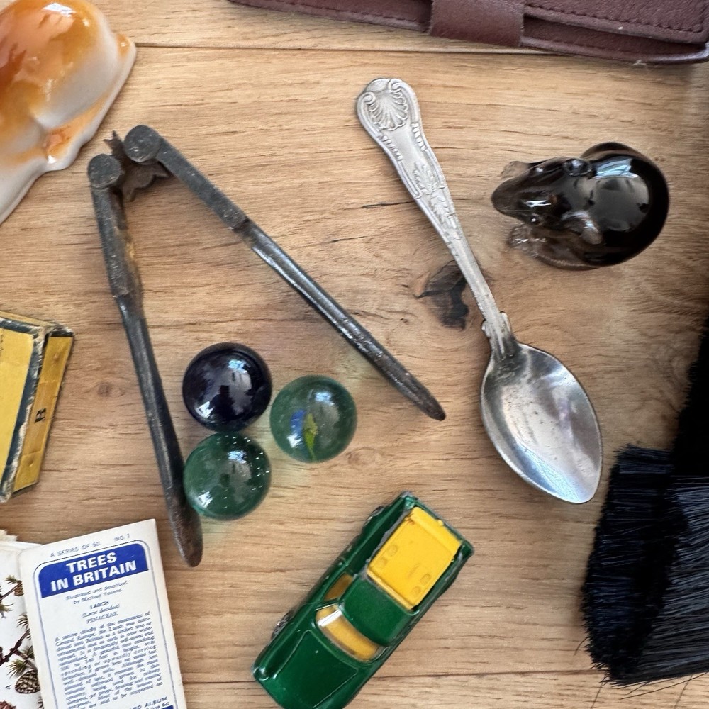 Vintage Curios Boxes Tin Glassware Collectables Assorted As Found