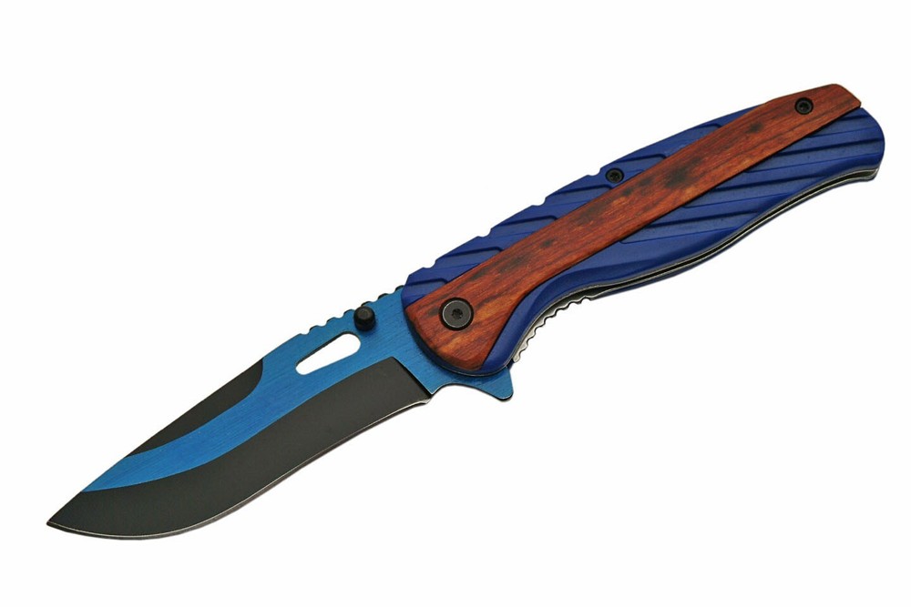 4.75” Blue Wave Folder with Blue & Wood Handle - 300432-BL