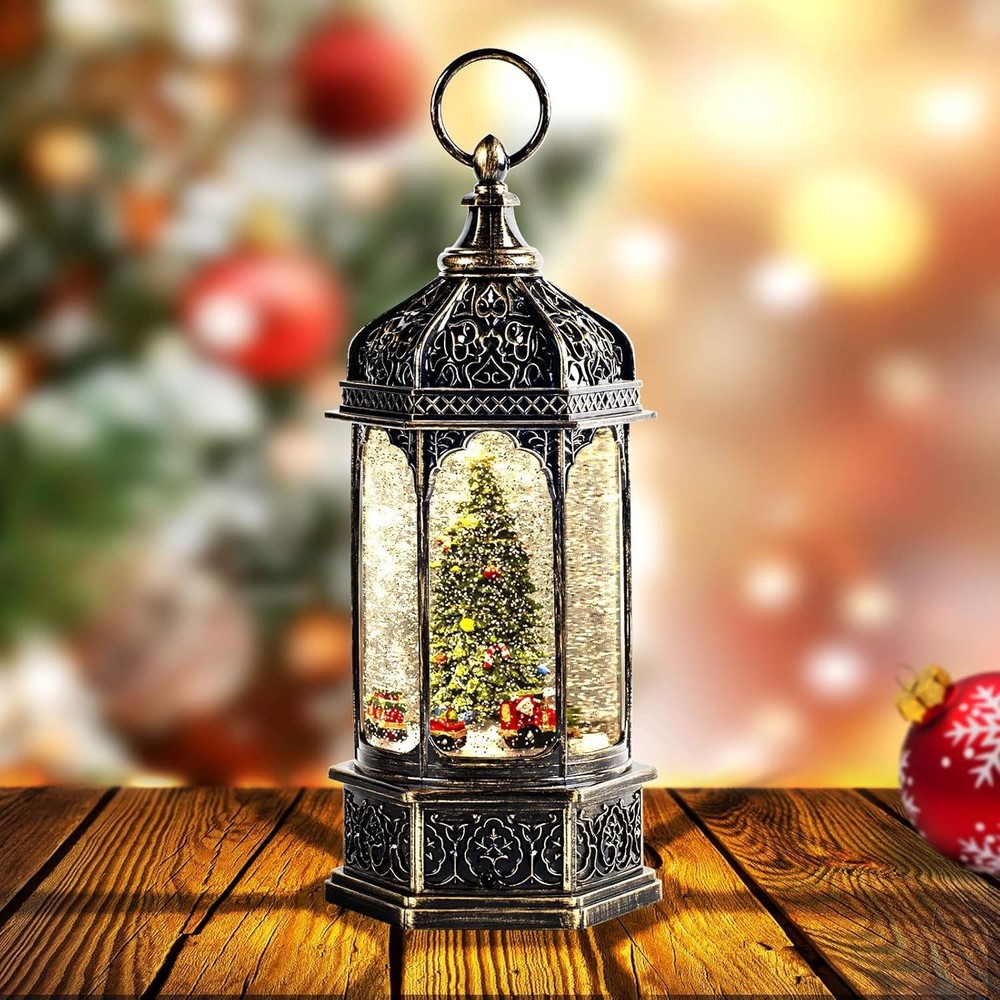 Large Musical Christmas Snow Globe Lantern with Battery-Powered Train & Timer