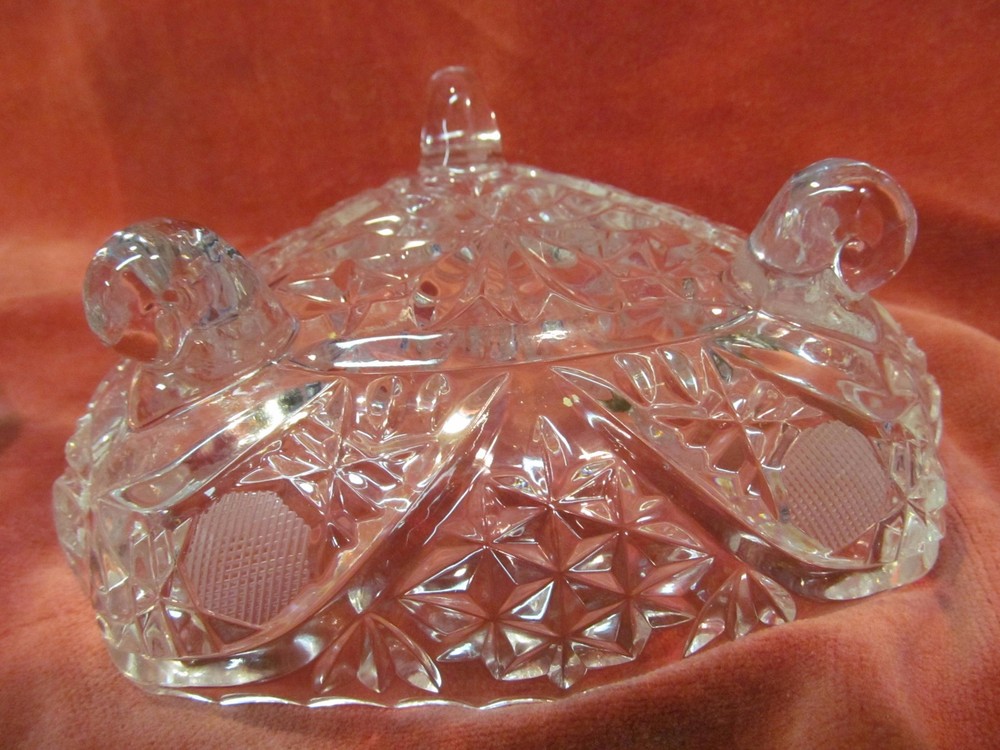 8 3/4" TRIANGULAR PRESSED GLASS LIDDED & FOOTED CANDY DISH WITH SPIKE SPIRE