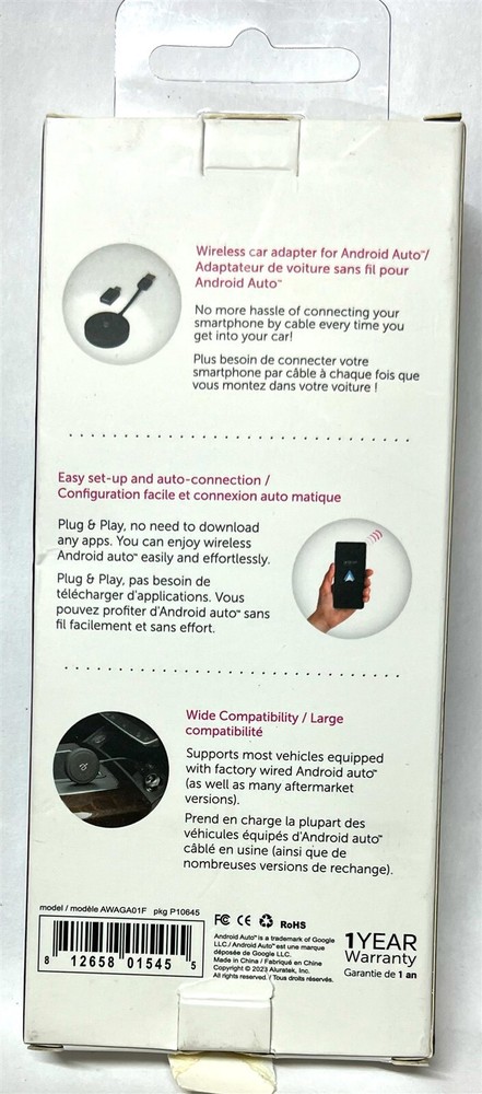 Aluratek - Wireless car adapter for Android Auto - Black