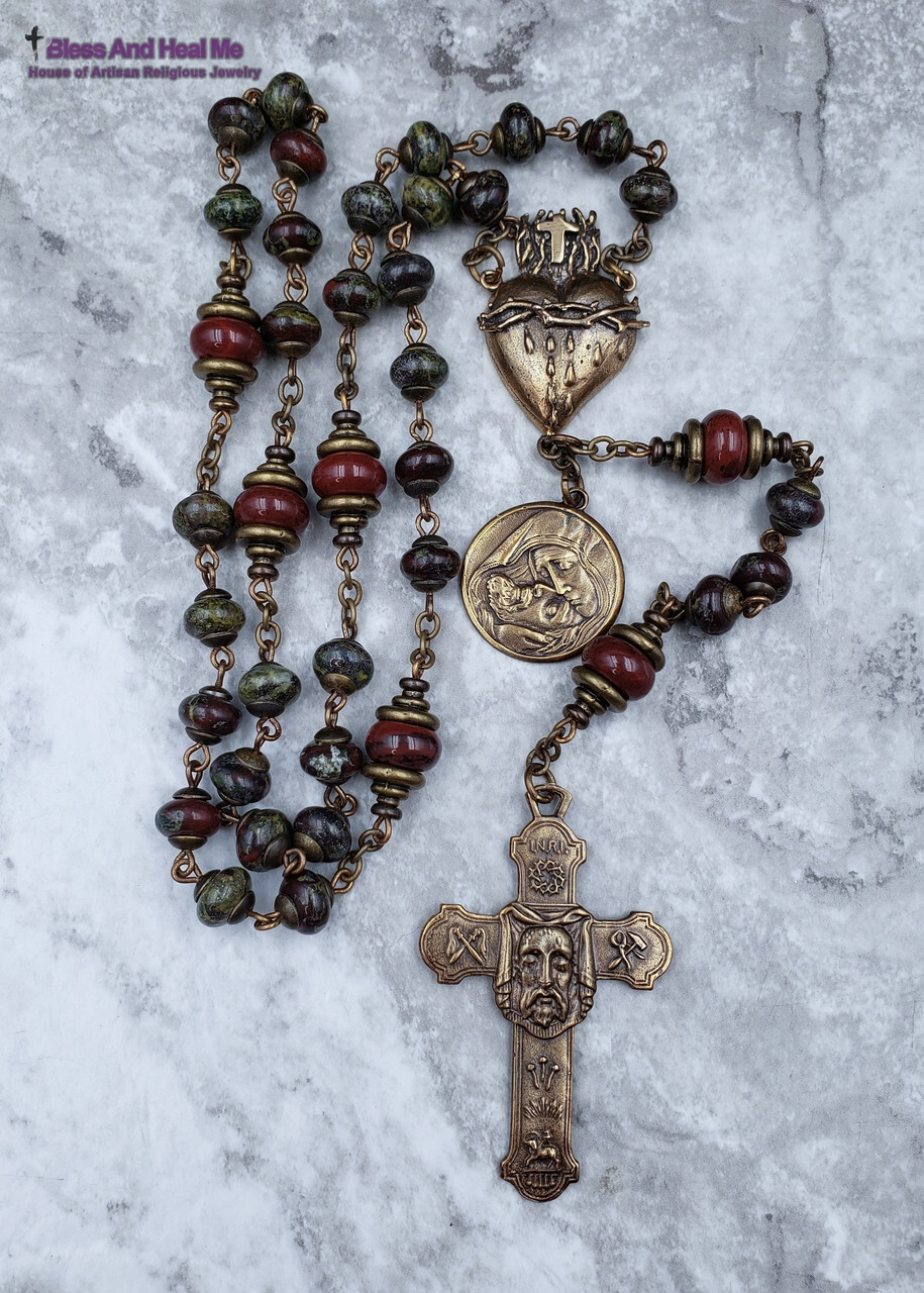 Holy Face of Jesus Sacred Bleeding Heart Pieta Bronze Bloodstone Jasper Chaplet