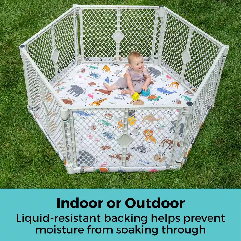 Superyard Nook, 6-Panel Light Gray Playard with Animal ABC Securemat Playmat