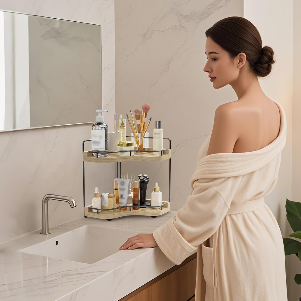2-Tier Corner Bathroom Counter Organizer with Embedded Screw Holes, Secure & ...