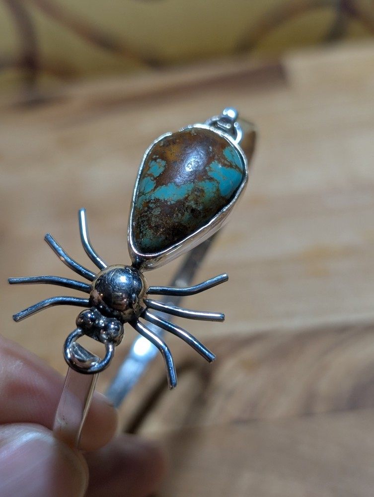 Native American Spider Spiderweb Turquoise Sterling Silver Bangle Bracelet