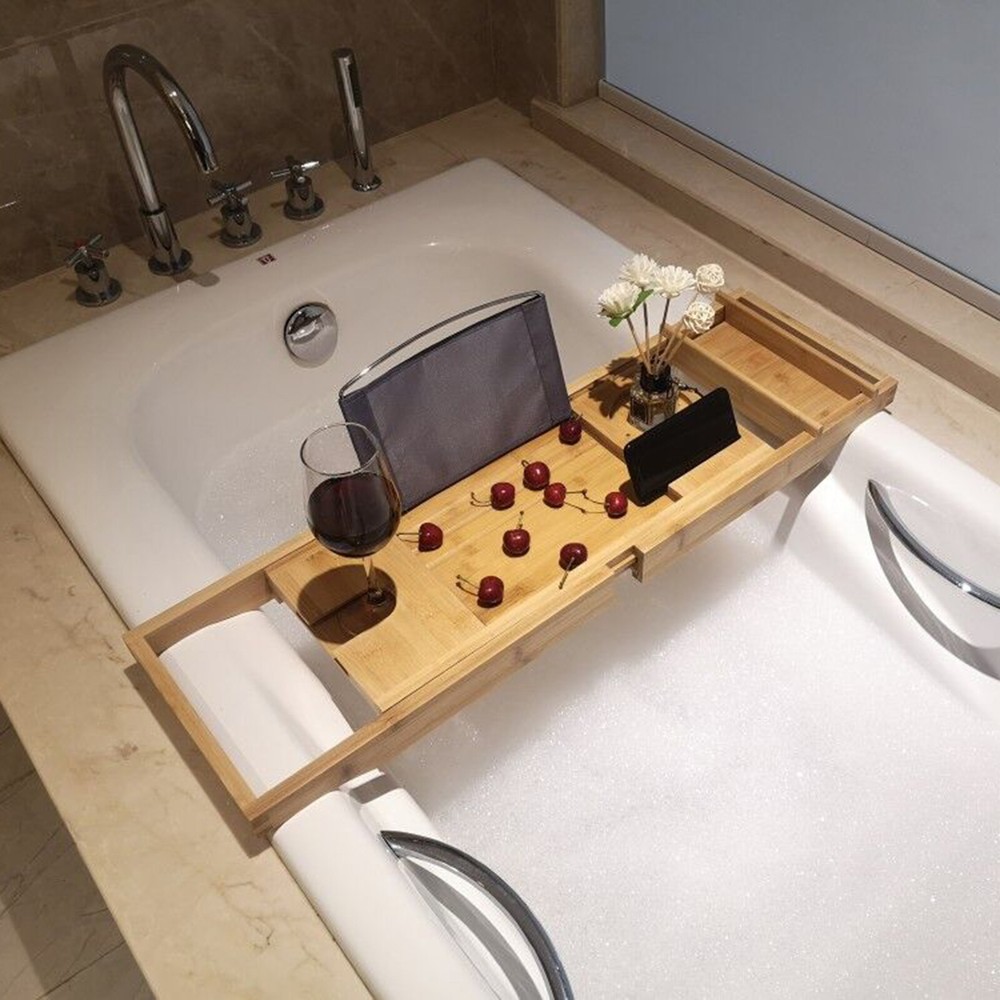 Bamboo Bath Tray Table - Adjustable Caddy with Multifunctional Groove