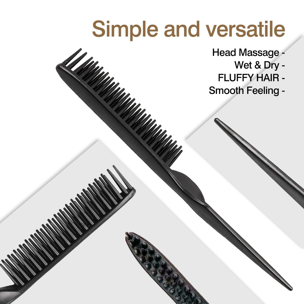 3-Row Rat Tail Styling Comb Set (4PCS) – Flexible for Medium, Black