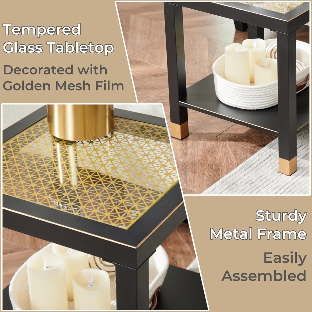 Square Side Table with Shelf Boho Style Glass End Table Nightstand