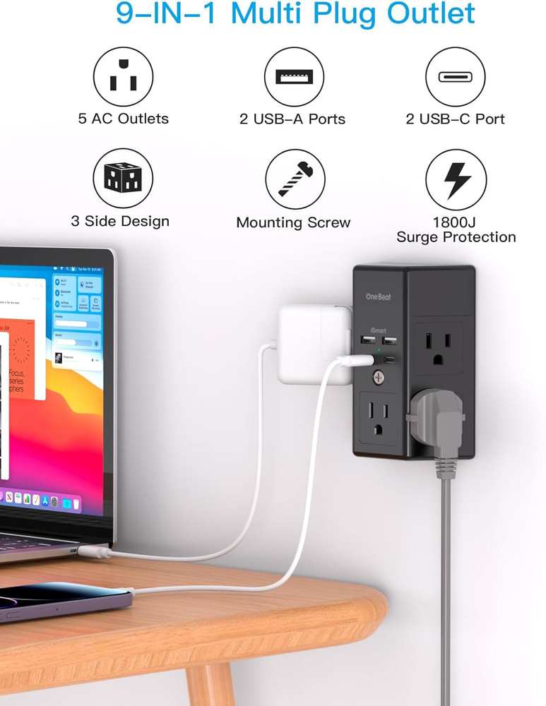 2 Pack Multi Plug Outlet, Surge Protector, 5 Outlet Extender with 4 USB Charging