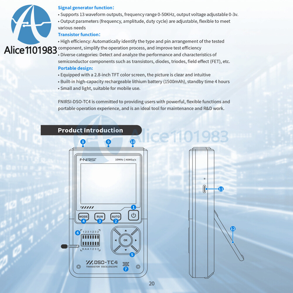 DSO-TC4 Oscilloscope 10MHz 48Ms/s Transistor Tester Electronics Component Tester