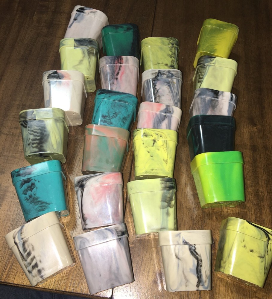 24 mid century seed starter pots 1960-80~marbled plastic multi colored 2"X2"