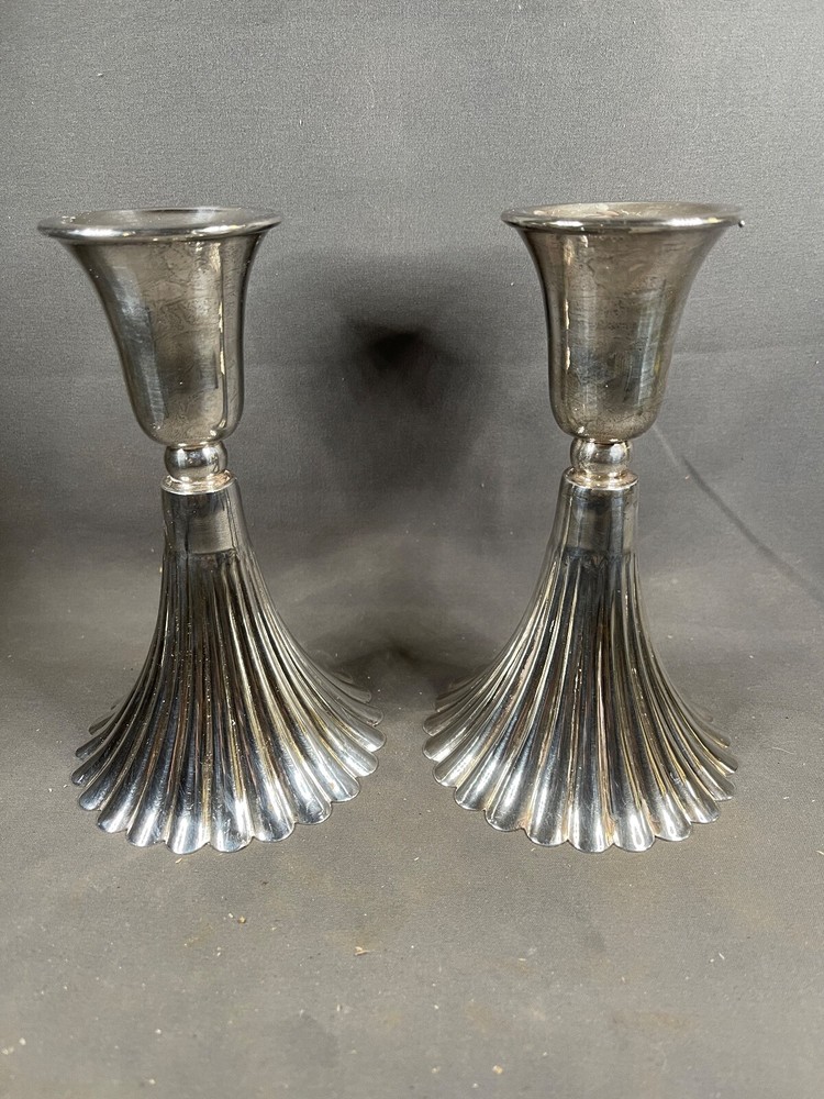 Vintage Silver Plated  6" Candlesticks Pair Flaired Fan Base - 4221