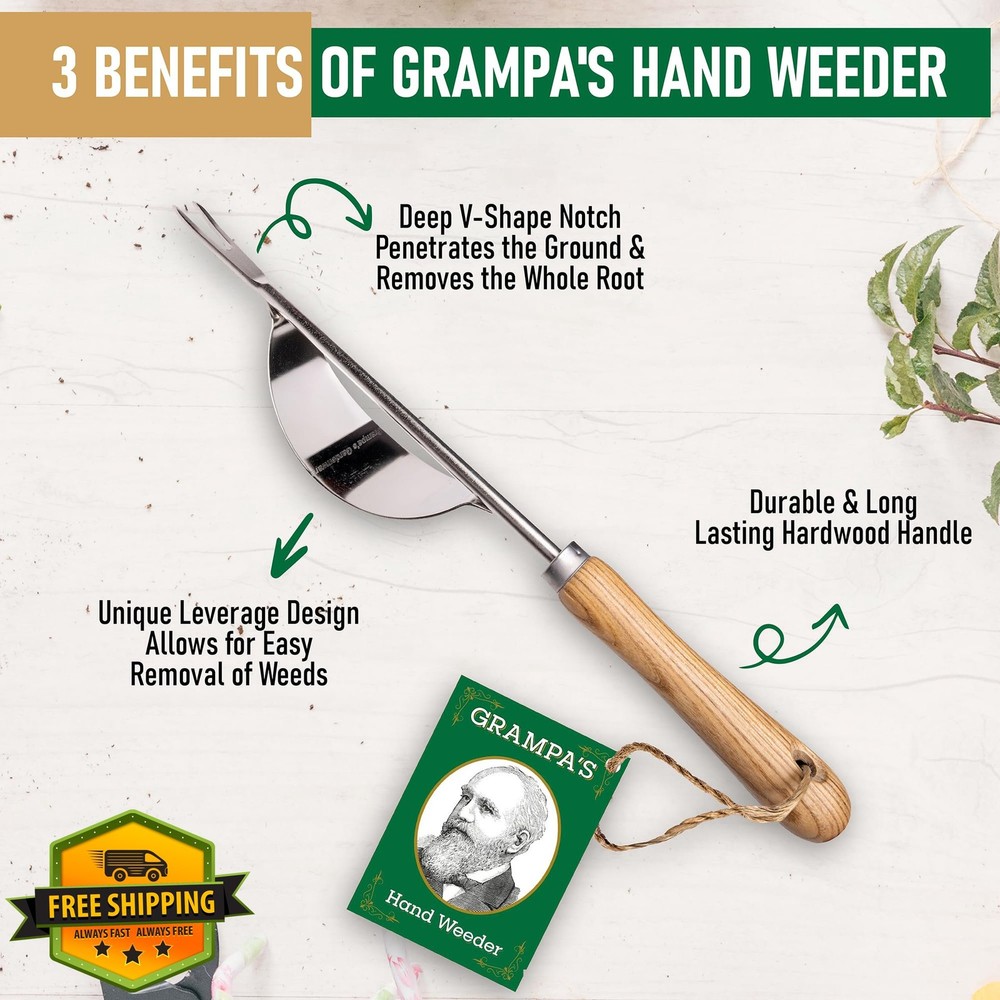 Grampa's Hand Weeder Tool, Lightweight Weed Puller Garden Root Removal