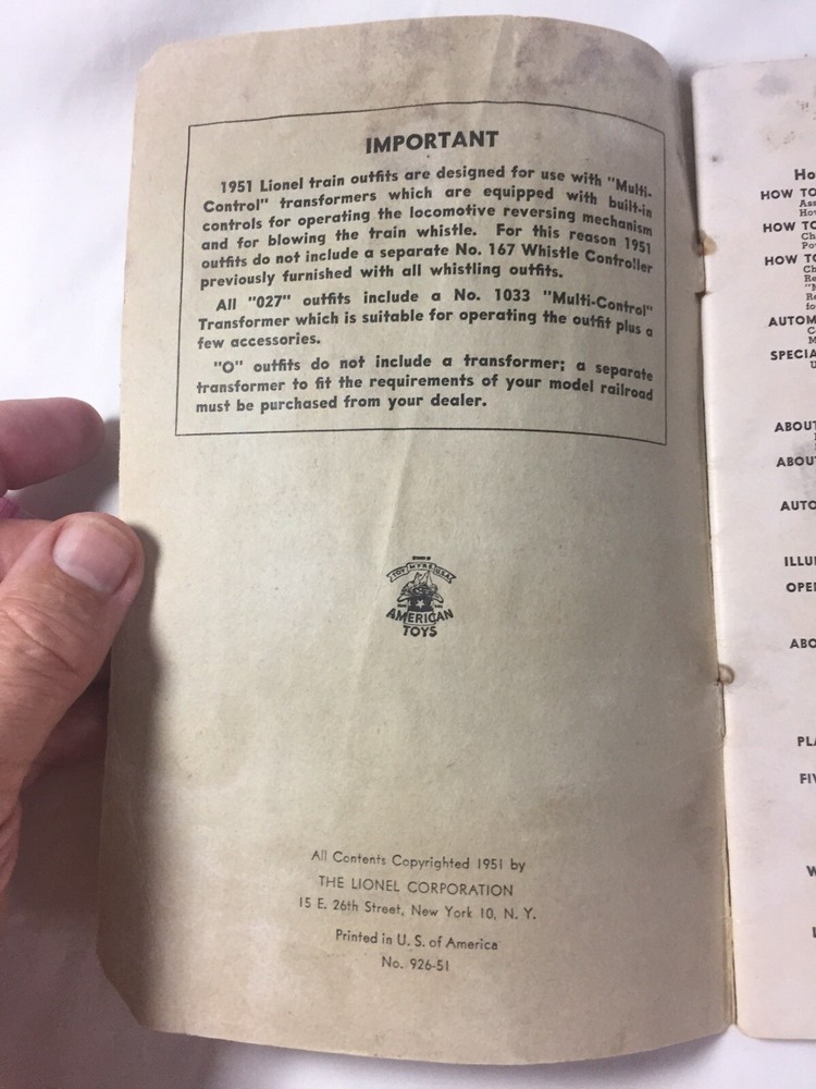 1951 Lionel Trains Instructions For Assembling And Operating Booklet