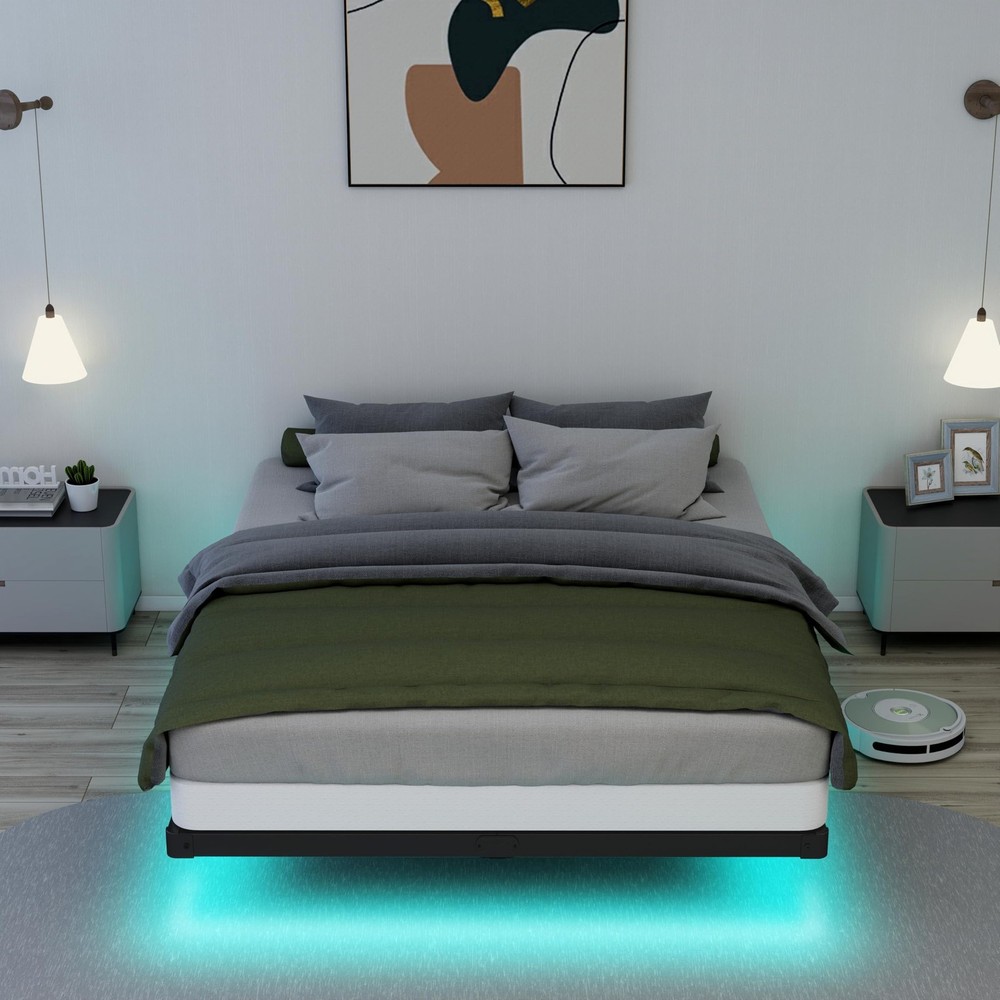 Floating Bed Frame Full LED Metal Platform Bed Frames 8 Inch Modern Bed with ...