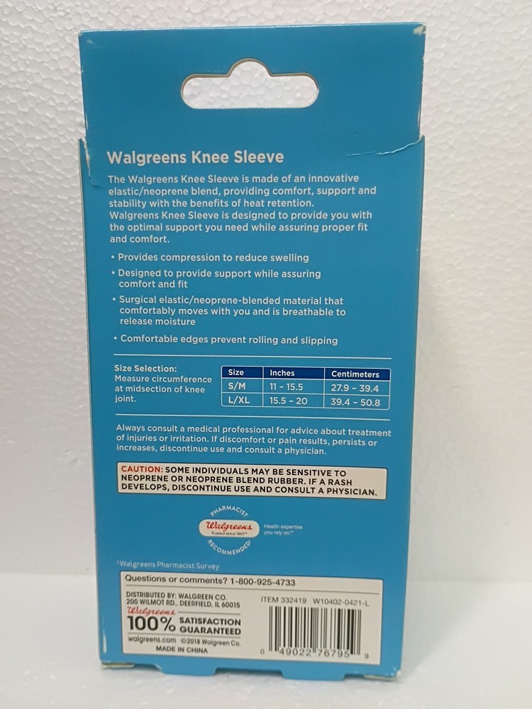 Walgreens~Moderate Support Compression Knee Sleeve~Size L/XL~Fits Left Or Right