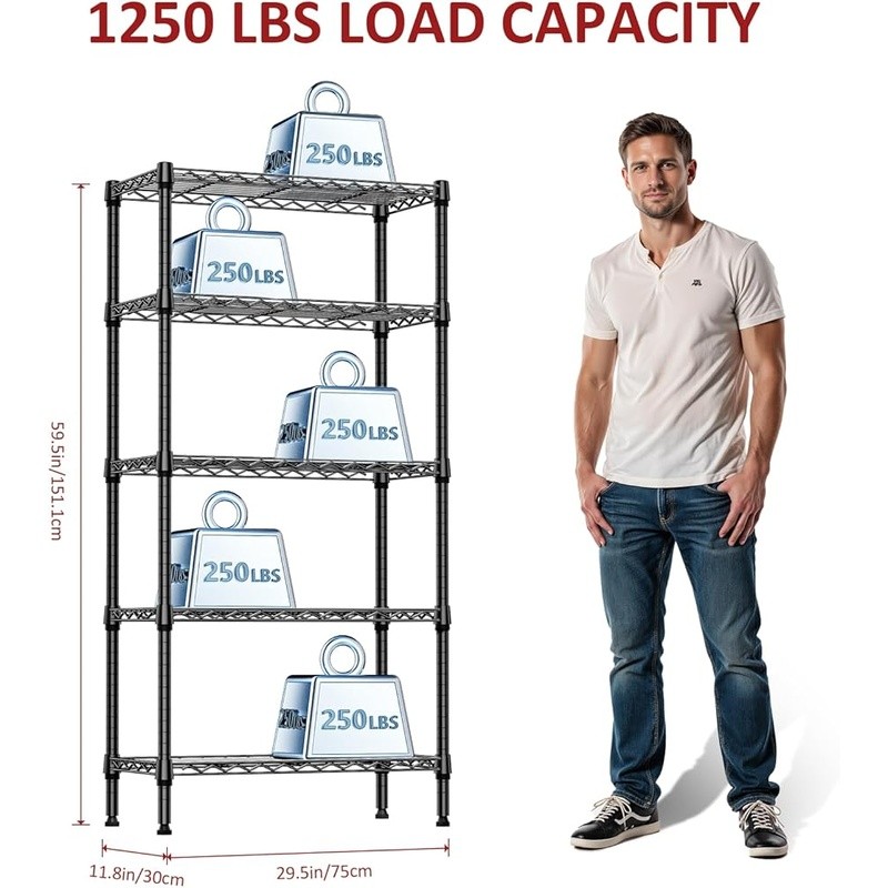 5 Tier Adjustable Shelving Unit Space Saver Tool Free Assembly Kitchen Garage US