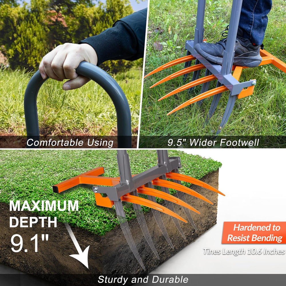 Walensee Broad Fork Garden Tool, 9 Tines Heavy Duty Broadfork Hand Tiller, 2-In-