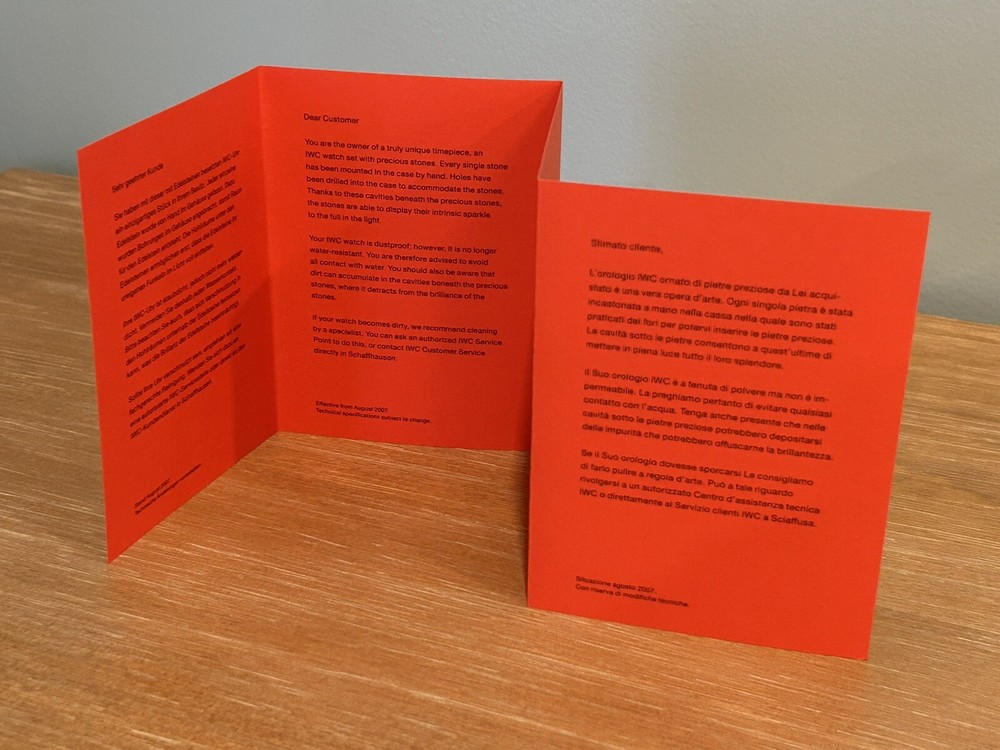 Authentic IWC Important Operating Instructions Note Regarding Dust and Water NOS