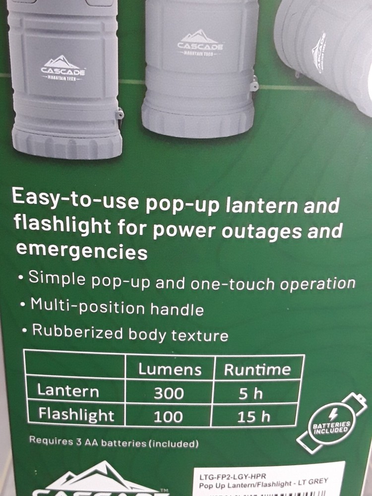 Pop Up Lantern & Flashlight Cascade Mountain Tech Gray garage, home, camp, etc.