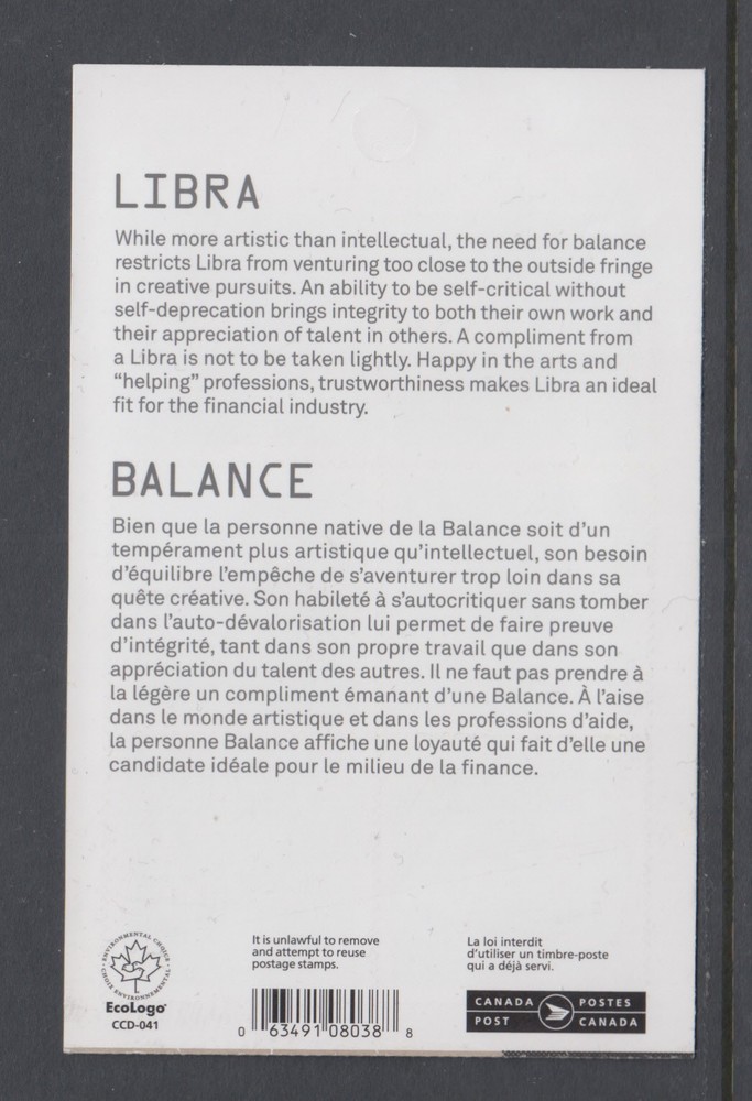 Canada BK497 Libra: The Scales Complete Booklet 10xP stamps