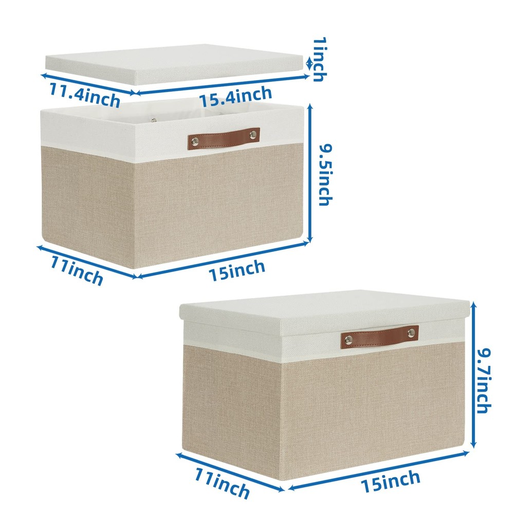 Temary Foldable Storage Bins with Lids 2-Pack, Large Baskets - White & Khaki