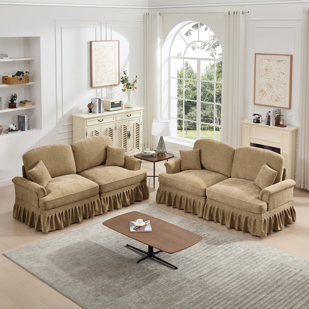 Modular 2-Piece Light Coffee Chenille Sofa Set w Flared Arms