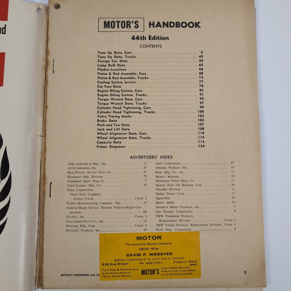 MOTOR'S HANDBOOK 44th Edition Auto Spec Guide 1964