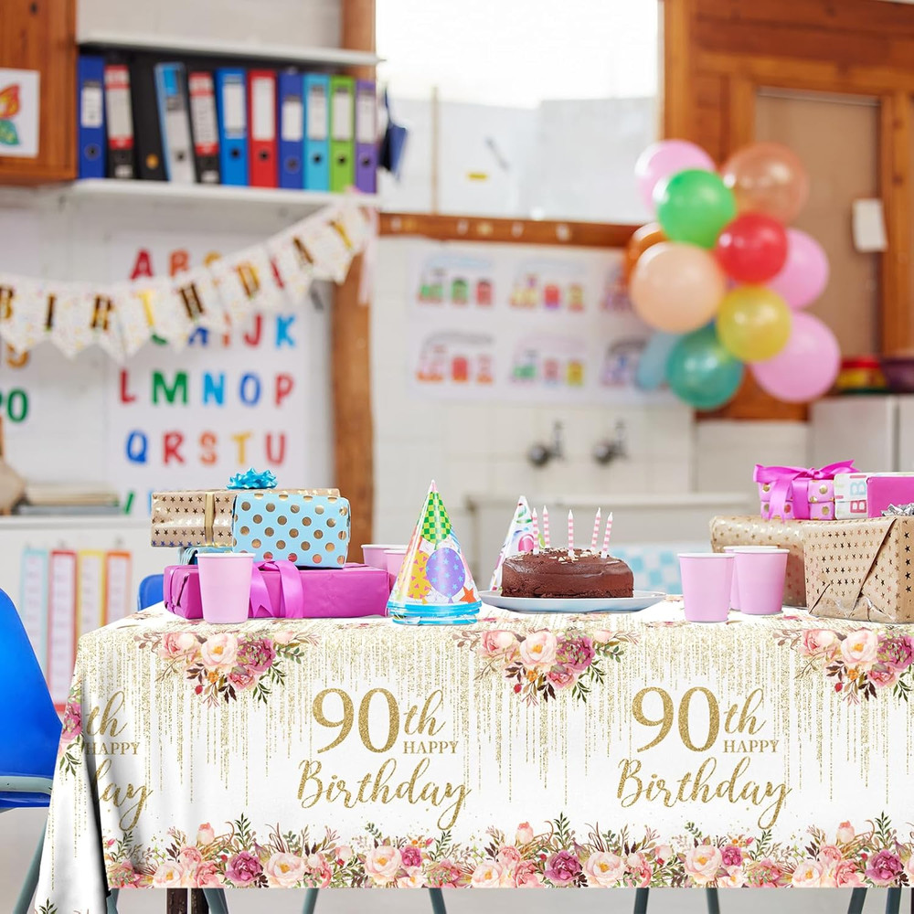 3Pcs 90Th Birthday Tablecloth,Rose Gold 90Th Birthday Tablecloth Rectangular ...
