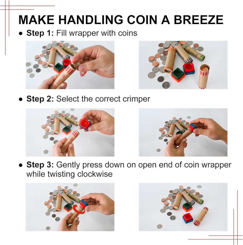 60 Assorted Coin Roll Wrappers with Color Coded Coin Wrapper Crimping Tool -(Qua