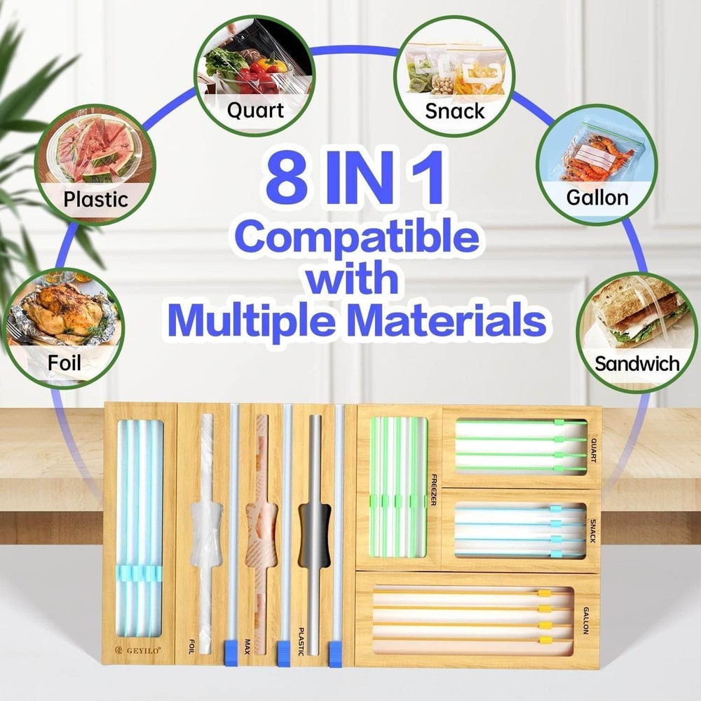 8 in 1 Bag Kitchen Drawer Organizer, Bamboo Foil and Plastic Wrap