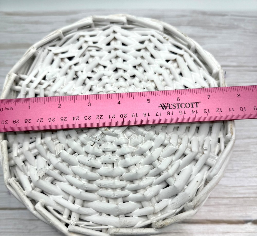 White Round Willow Woven Basket Pink Gingham Liner w/ Folding Drop-Down Handle