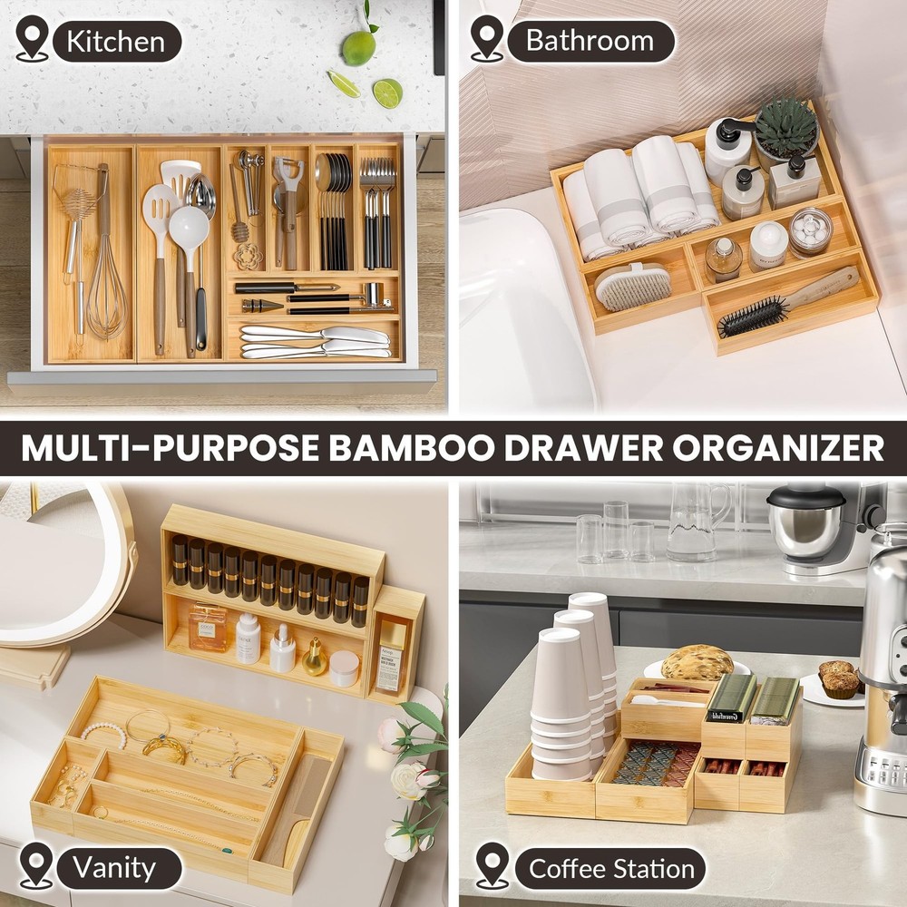 Kitchen Drawer Organizer Bins, Stackable Bamboo Drawer Organizer for Silverwa...