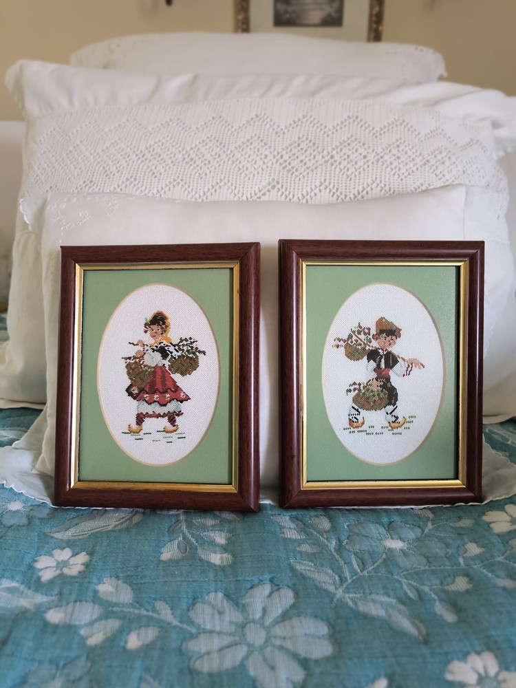 2 SMALL FRAMED Signed NEEDLEPOINT Cross Stitch 8" By 6 1/2"
