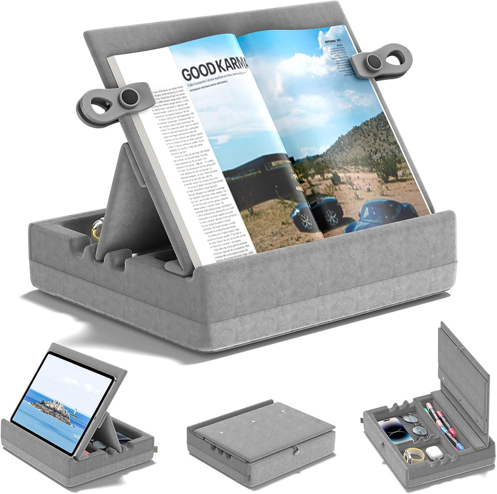 Book Stand with Storage, Multi-Angle Viewing Reading Tablet Holder for Lap, Bed,