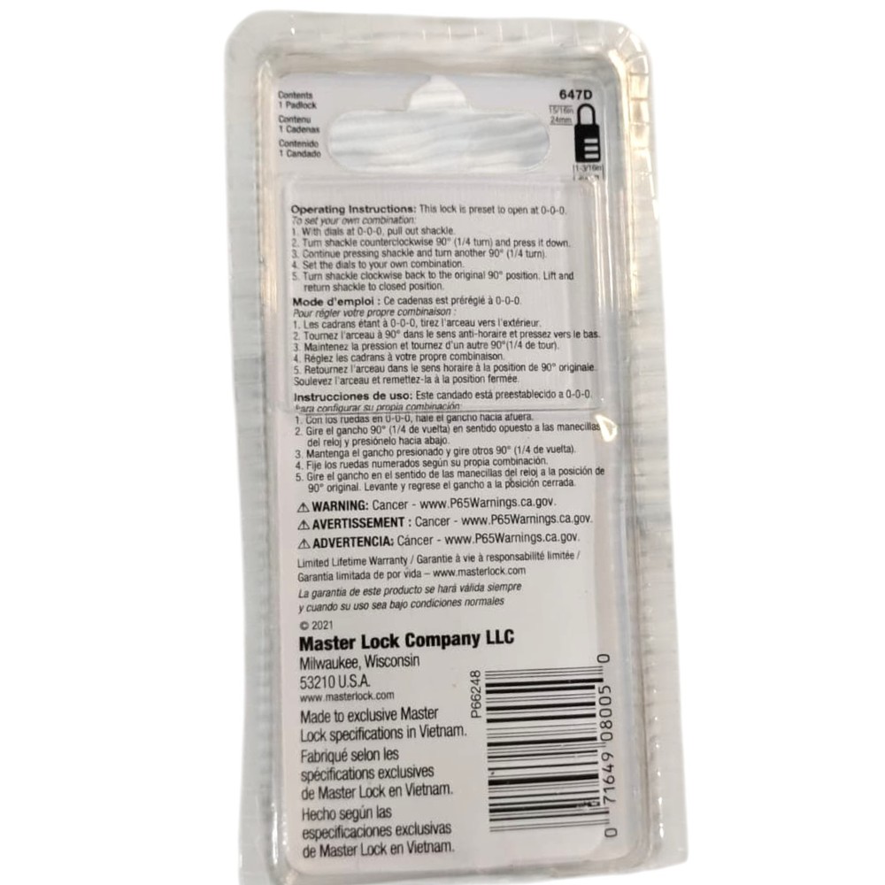 Master Lock Black Combination Padlock 647D Customizable 3-Digit Code for Luggage