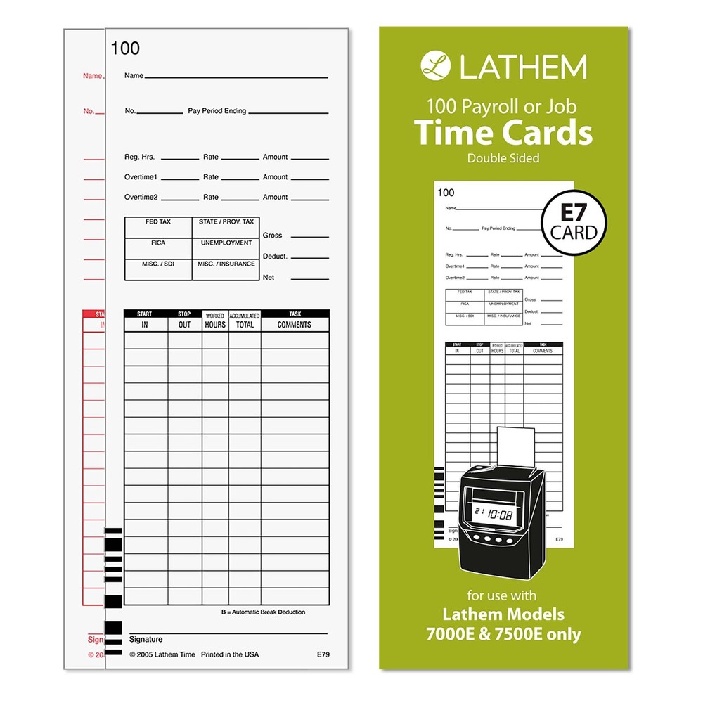 Lathem Universal Payroll/Job Time Cards, Double-Sided, For 100 Pack, White