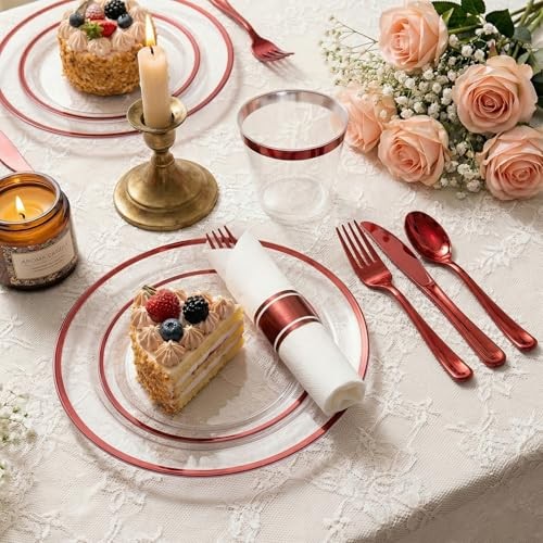 350pcs Plastic Dinnerware Set,Clear and Disposable Plastic 350pcs（50guests） Red